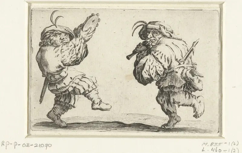 Dansende kleine mensen (karikaturen) met tamboerijn en fluit Wall Art by Jacques Callot - High-Resolution Digital Print