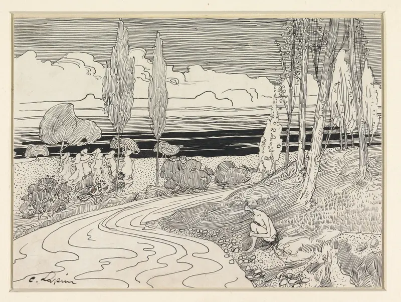 Dansende vrouwen in landschap; een jongen zit langs de kant van de weg Wall Art by C. Lapine - High-Resolution Digital Print