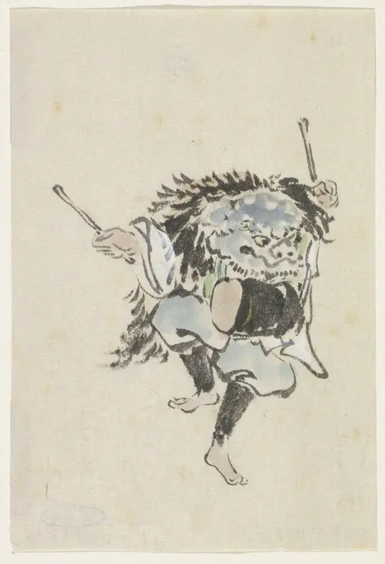 Danser met leeuwenmasker en trom Wall Art by Utagawa Kuniyoshi - High-Resolution Digital Print