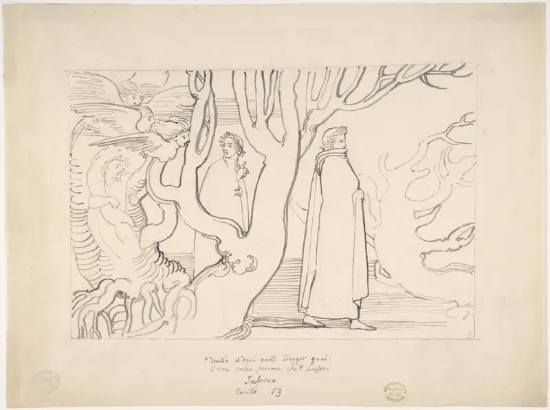 Dante and Virgil in the Suicidal Wood (Inferno, Canto 13, verses 22-23) Wall Art by John Flaxman - High-Resolution Digital Print