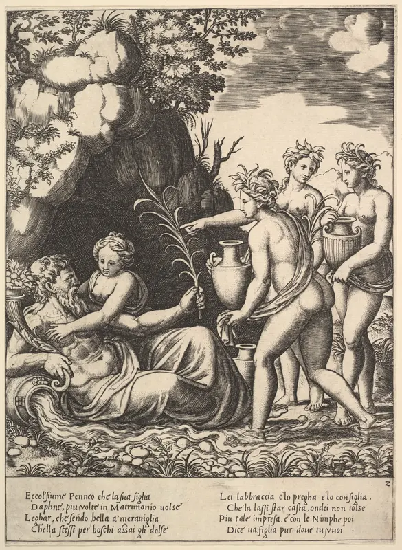 Daphne embracing her father, the river-god Peneus, at the left three nymphs bring jars from "Story of Apollo and Daphne" Wall Art by Master of the Die - High-Resolution Digital Print