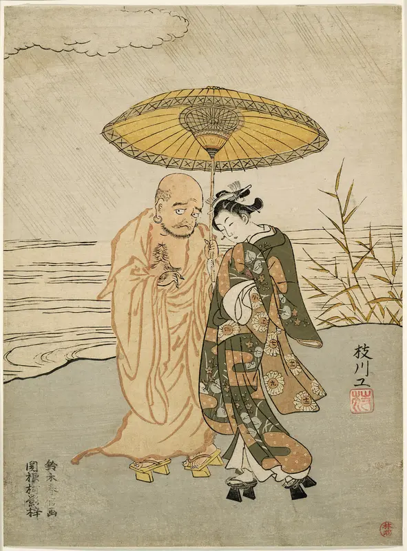 Daruma and a young woman in the rain Wall Art by Suzuki Harunobu - High-Resolution Digital Print