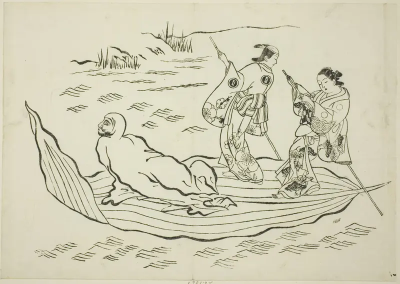 Daruma crossing the sea on a leaf, no. 7 from a series of 12 prints