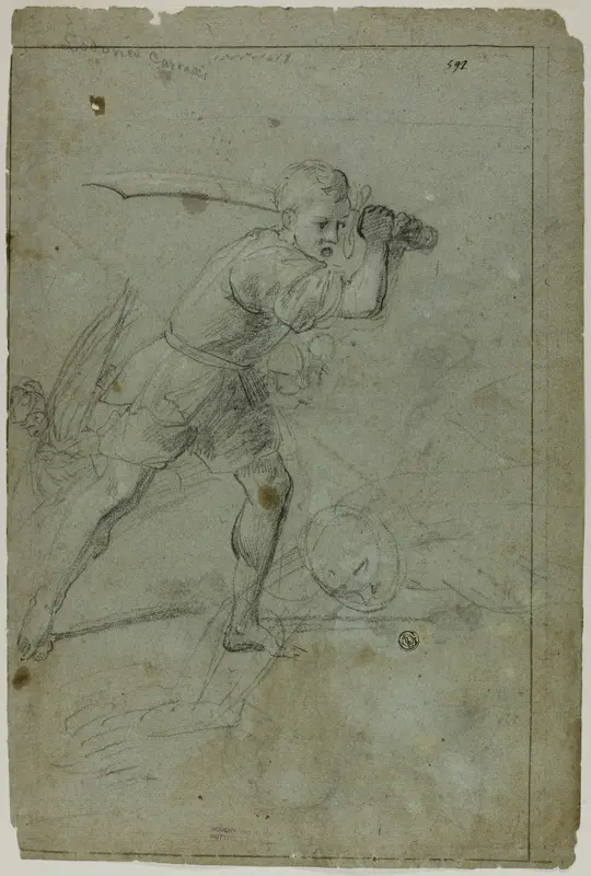 David Beheading Goliath (recto); Sketch of Draped Female Figure with Right Arm Raised Above Head (verso) Wall Art by Domenico Fiasella - High-Resolution Digital Print