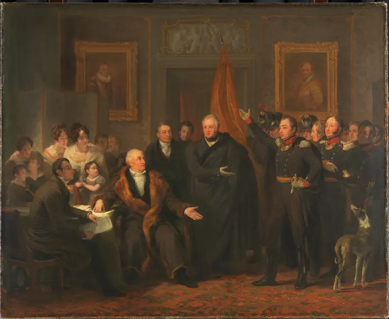 De aanvaarding van het Hoog Bewind door het Driemanschap in naam van de prins van Oranje, 21 november 1813 Wall Art by Jan Willem Pieneman - High-Resolution Digital Print