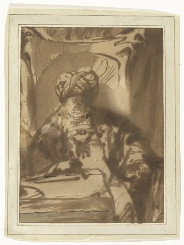 De acteur Willem Bartholsz Ruyter als koning Ahasverus op zijn troon Wall Art by Rembrandt van Rijn - High-Resolution Digital Print