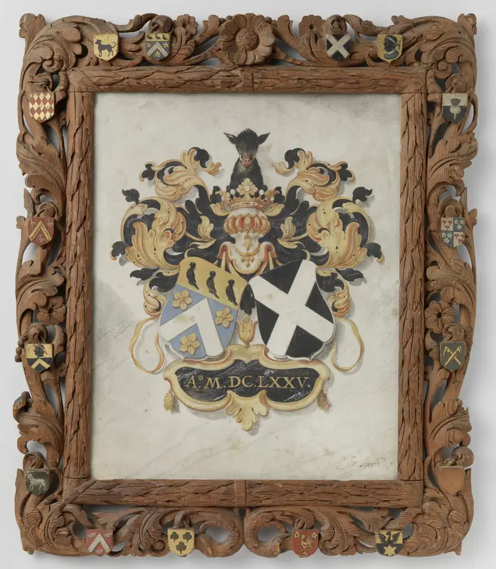 De alliantiewapens van Jan Boudaen Courten en Anna Maria Hoeufft, overgrootouders van Jacob Verheye van Citters, in een gesneden houten lijst met de wapens van de zestien kwartieren van het echtpaar Wall Art by Justus van Attevelt - High-Resolution Digital Print