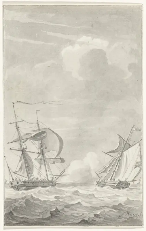De Amerikaanse kaperkapitein Cunningham valt in Het Kanaal een Engels schip aan, 2 mei 1777 Wall Art by Jacobus Buys - High-Resolution Digital Print