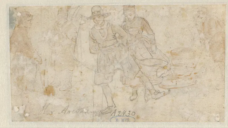 De beide centrale figuren van de rectozijde in spiegelbeeld Wall Art by Hendrick Avercamp - High-Resolution Digital Print