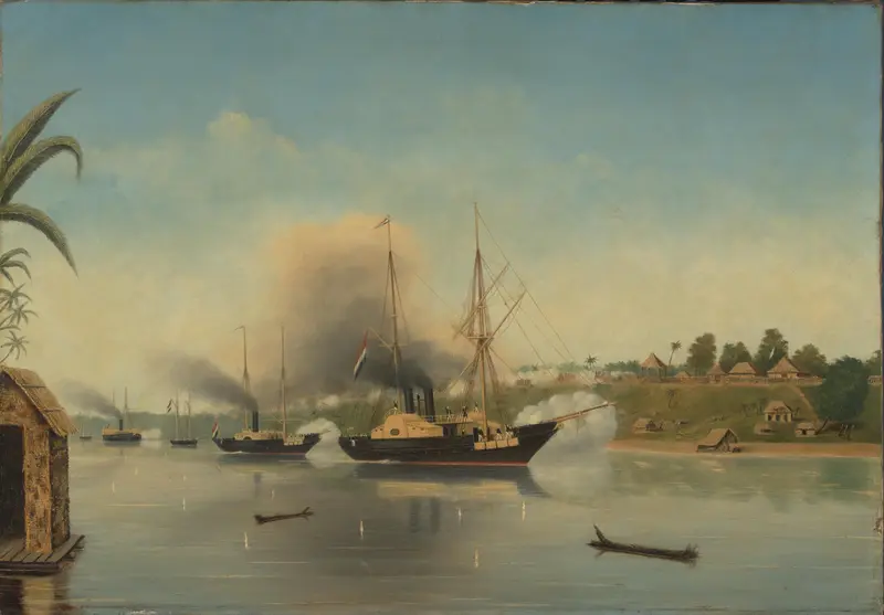 De beschieting van de Kraton van de Sultan van Djambi door de gouvernementsmarineschepen 'Celebes', 'Admiraal van Kinsbergen' en 'Onrust' op 8 september 1858 Wall Art by anonymous - High-Resolution Digital Print