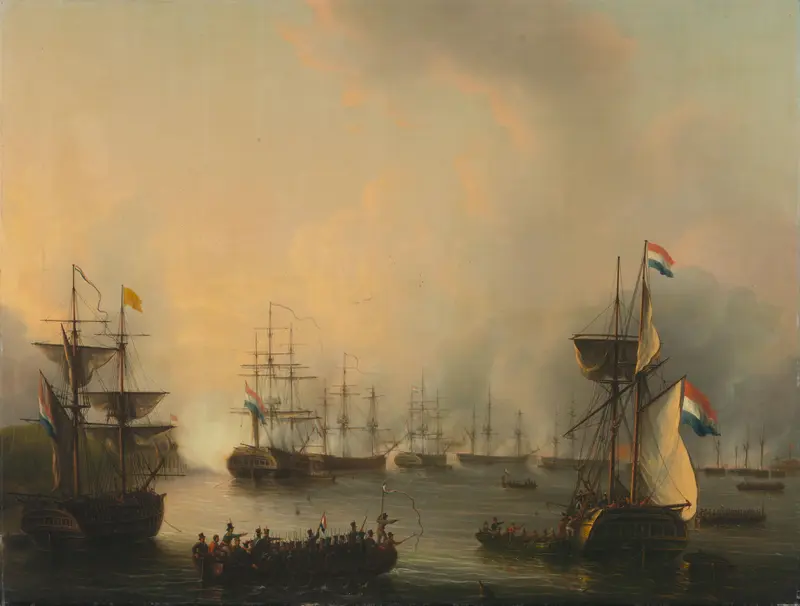 De beschieting van Palembang, Sumatra, 24 juni 1821 Wall Art by Martinus Schouman - High-Resolution Digital Print