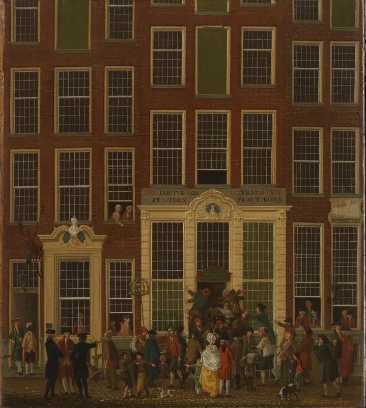 De boekhandel en het loterijkantoor van Jan de Groot in de Kalverstraat in Amsterdam Wall Art by Isaac Ouwater - High-Resolution Digital Print