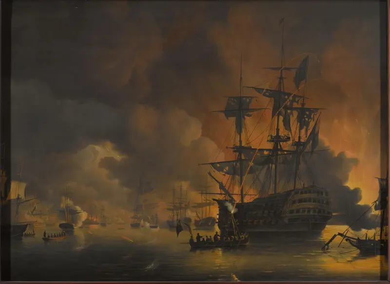 De brand op de werven van Algiers, kort na het begin van het bombardement door de Engels-Nederlandse vloot, 27 augustus 1816 Wall Art by Nicolaas Baur - High-Resolution Digital Print