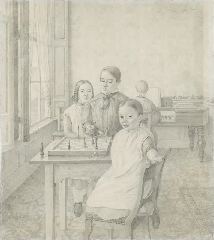 De drie kinderen van Christian Heinrich Gottlieb Steuerwald in een interieur Wall Art by Christian Heinrich Gottlieb Steuerwald - High-Resolution Digital Print