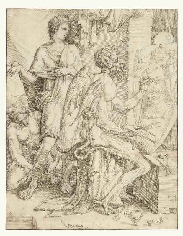 De duivel vervult het menselijke hart met begeerte naar rijkdom, macht en genot Wall Art by Maarten van Heemskerck - High-Resolution Digital Print
