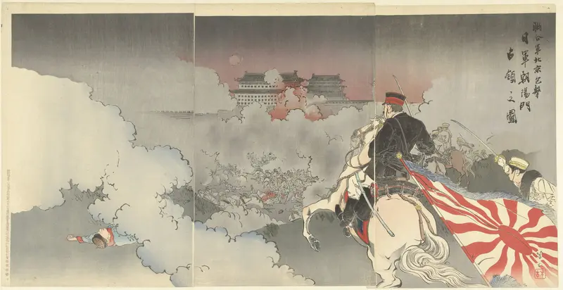De geallieerde troepen vallen Peking aan; de Japanse troepen voor de poort van Chaoyang. Wall Art by Unknown - High-Resolution Digital Print