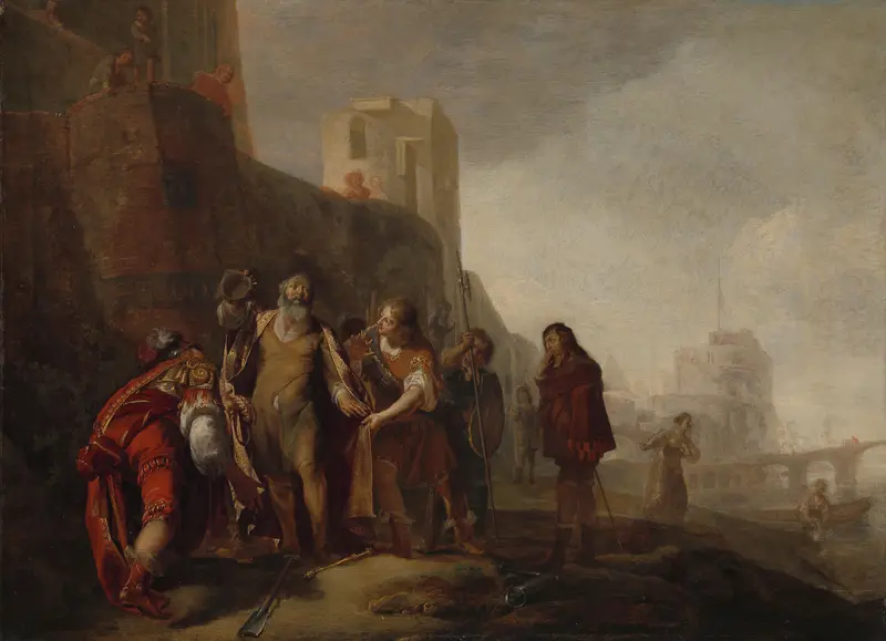 De gezanten van Alexander de Grote bekleden de tuinman Abdalonymos met de insigniën der koningswaardigheid van Sidon Wall Art by Nicolaes Knupfer - High-Resolution Digital Print