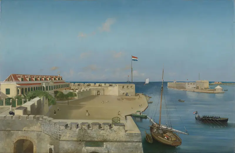 De haveningang van Willemstad met het Gouvernementspaleis Wall Art by Unknown - High-Resolution Digital Print
