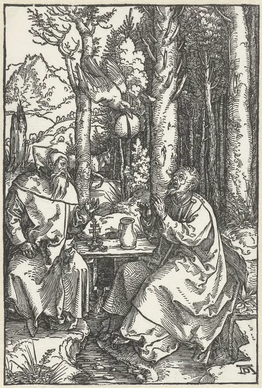 De Heilige Antonius bezoekt Paulus de Kluizenaar in de wildernis Wall Art by Unknown - High-Resolution Digital Print