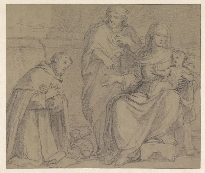 De heilige familie aanbeden door een monnik met een hond Wall Art by Unknown - High-Resolution Digital Print