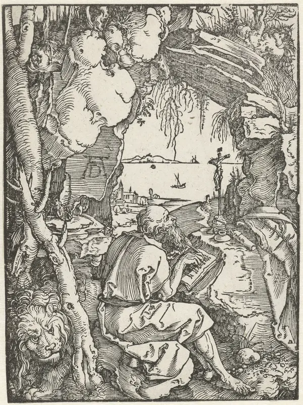 De Heilige Hiëronymus schrijvend in een grot Wall Art by Unknown - High-Resolution Digital Print