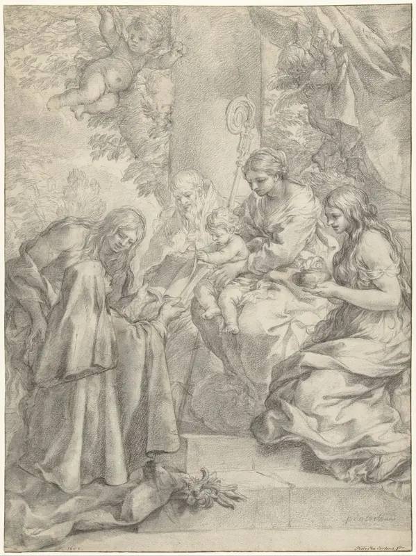 De heilige Margaretha van Cortona biedt knielend het Christuskind een boek aan Wall Art by Pietro da Cortona - High-Resolution Digital Print