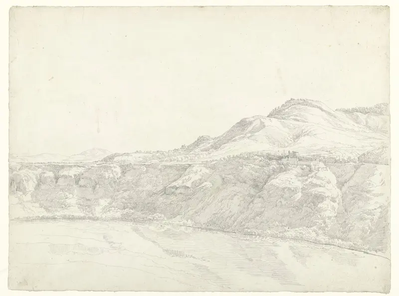 De hoge oever van een meer in de Italiaanse Campagna, met een forteres-achtig gebouw Wall Art by Hendrik Voogd - High-Resolution Digital Print