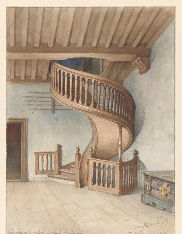 De houten wenteltrap in het Gemeenlandshuis van Delfland, te Maassluis