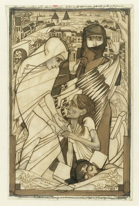 De hulpverlening tijdens de watersnood van 1926, symbolisch voorgesteld Wall Art by Jan Toorop - High-Resolution Digital Print