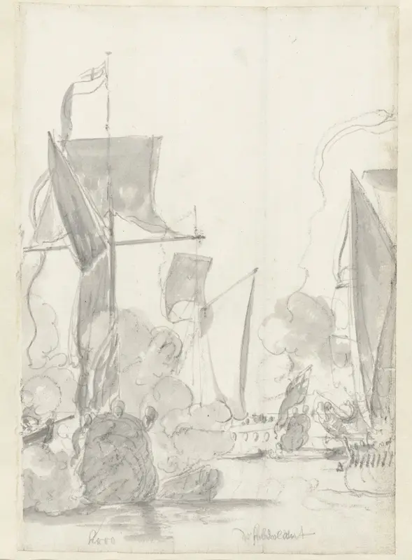 De jachten Kitchen (kroo) en Cleveland (klevelant) tijdens de tocht van de Engelse koning Karel II over de Thames naar Sheerness en Chatham op 27 Augustus 1681 Wall Art by Willem van de Velde (I) - High-Resolution Digital Print