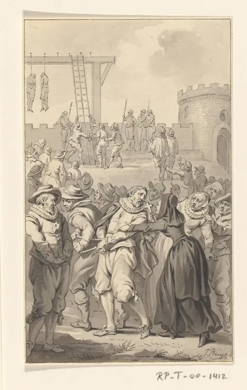 De katholieke oud-burgemeesters Quirijn Dirkszoon en Lambert Jacobszoon op weg naar de galg tijdens het beleg van Haarlem, 1573 Wall Art by Unknown - High-Resolution Digital Print