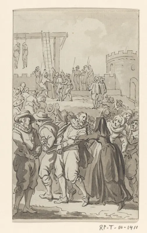De katholieke oud-burgemeesters Quirijn Dirkszoon en Lambert Jacobszoon op weg naar de galg tijdens het beleg van Haarlem, 1573 Wall Art by Jacobus Buys - High-Resolution Digital Print