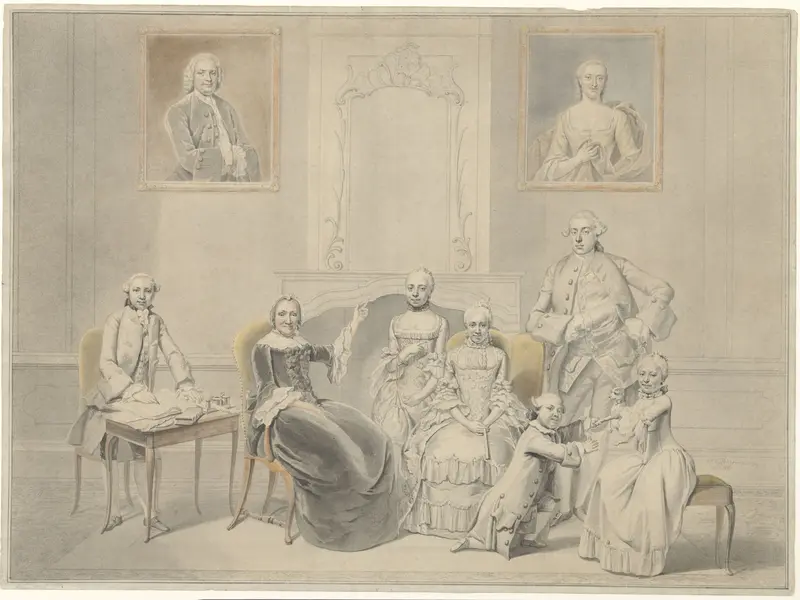 De kinderen van Pieter Cornelis Hasselaer en Clara Wendela Sautijn, wier portretten aan de wand hangen, met hun grootmoeder Wendela Eleonora Reael Wall Art by Hendrik Pothoven - High-Resolution Digital Print