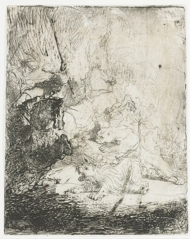De kleine leeuwenjacht, met twee leeuwen Wall Art by Rembrandt van Rijn - High-Resolution Digital Print