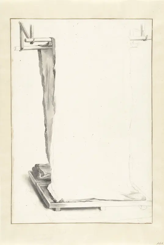 De lakenfabricage: een lap laken, hangend over twee stokken Wall Art by Willem van Mieris - High-Resolution Digital Print