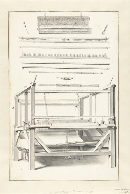 De lakenfabricage: een weefgetouw en enkele losse onderdelen Wall Art by Willem van Mieris - High-Resolution Digital Print