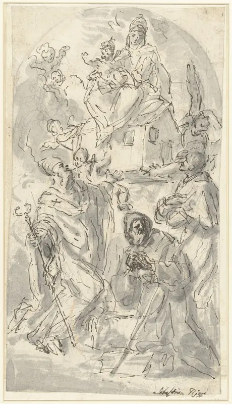 De Madonna van de Santa Casa van Loreto, aanbeden door drie heiligen Wall Art by Girolamo Brusaferro - High-Resolution Digital Print