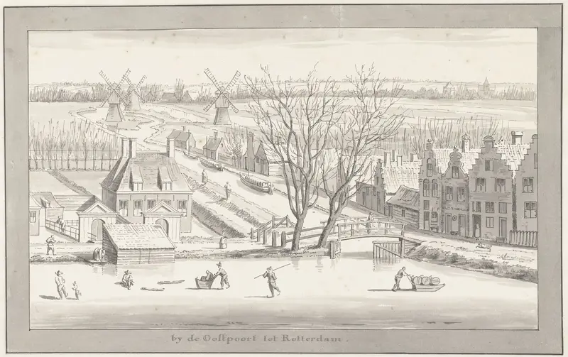 De omgeving van Rotterdam bij de Oostpoort met bevroren stadsgracht Wall Art by Cornelis Pronk - High-Resolution Digital Print