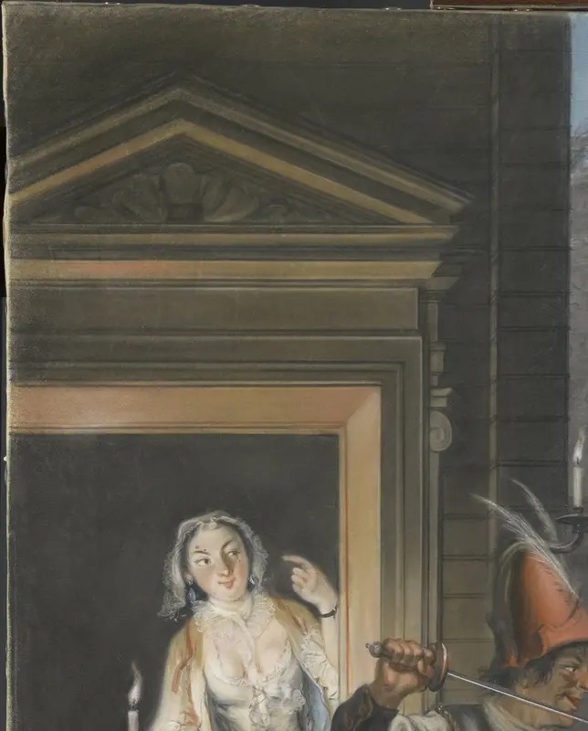 De omkopingsscène uit het tweede bedrijf van het blijspel 'Hopman Ulrich of de bedrogen gierigheid' van Johan van Paffenrode (1661). Wall Art by Cornelis Troost - High-Resolution Digital Print