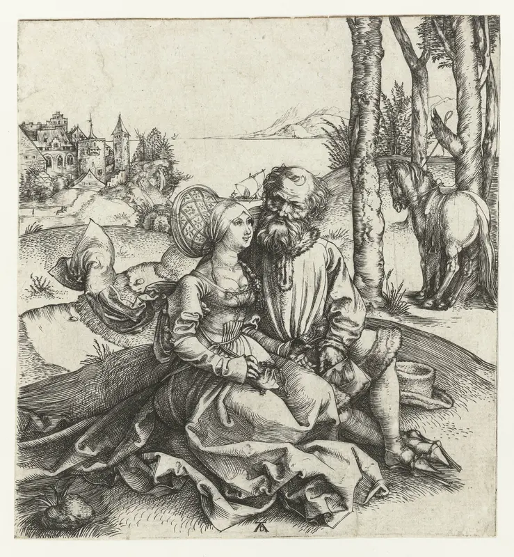 De ongelijke liefde: een oude man met een jonge vrouw Wall Art by Unknown - High-Resolution Digital Print