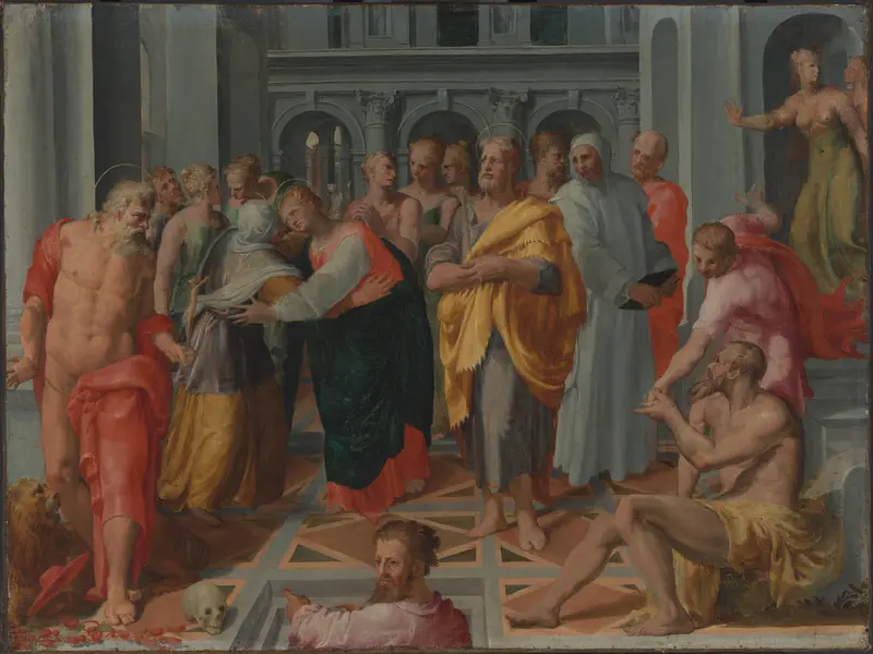 De ontmoeting van Maria en Elisabeth in aanwezigheid van de heilige Hieronymus, de heilige Jozef en andere personen Wall Art by Unknown - High-Resolution Digital Print