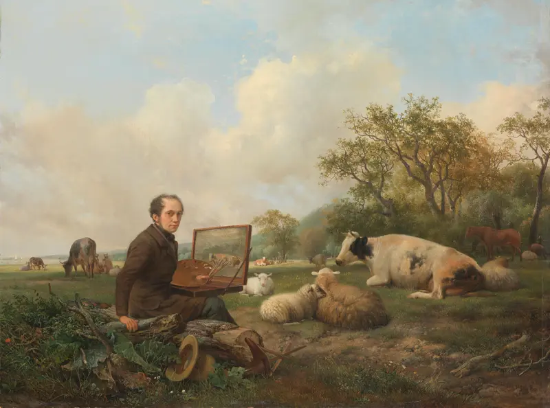 De schilder zelf, schilderend in een weidelandschap met vee Wall Art by Unknown - High-Resolution Digital Print