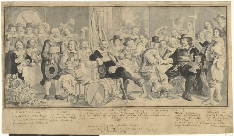 De schuttersmaaltijd in de Voetboog- of St. Jorisdoelen te Amsterdam ter viering van het sluiten van de vrede van Munster, 18 juni 1648 Wall Art by anonymous - High-Resolution Digital Print