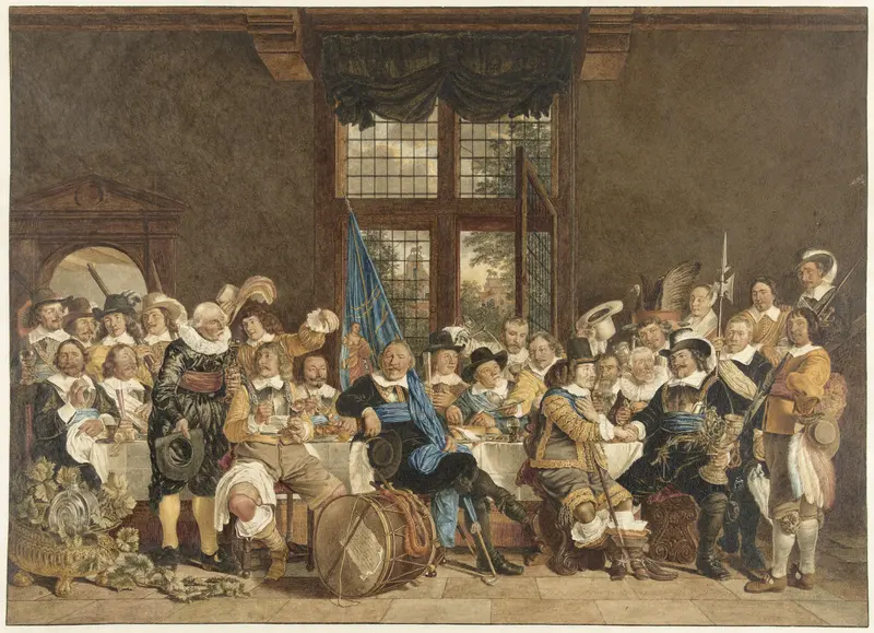 De schuttersmaaltijd in de Voetboogdoelen te Amsterdam ter viering van het sluiten van de vrede van Munster, 18 juni 1648 Wall Art by Jacob Cats (1741-1799) - High-Resolution Digital Print