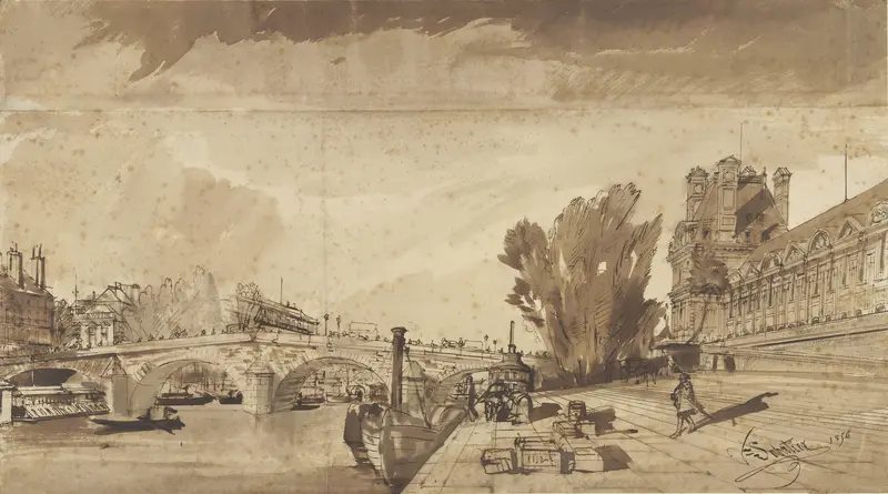 De Seine en de Pont Royal; rechts het pavillon de Flore en een vleugel van het Louvre Wall Art by François Victor Sabatier - High-Resolution Digital Print