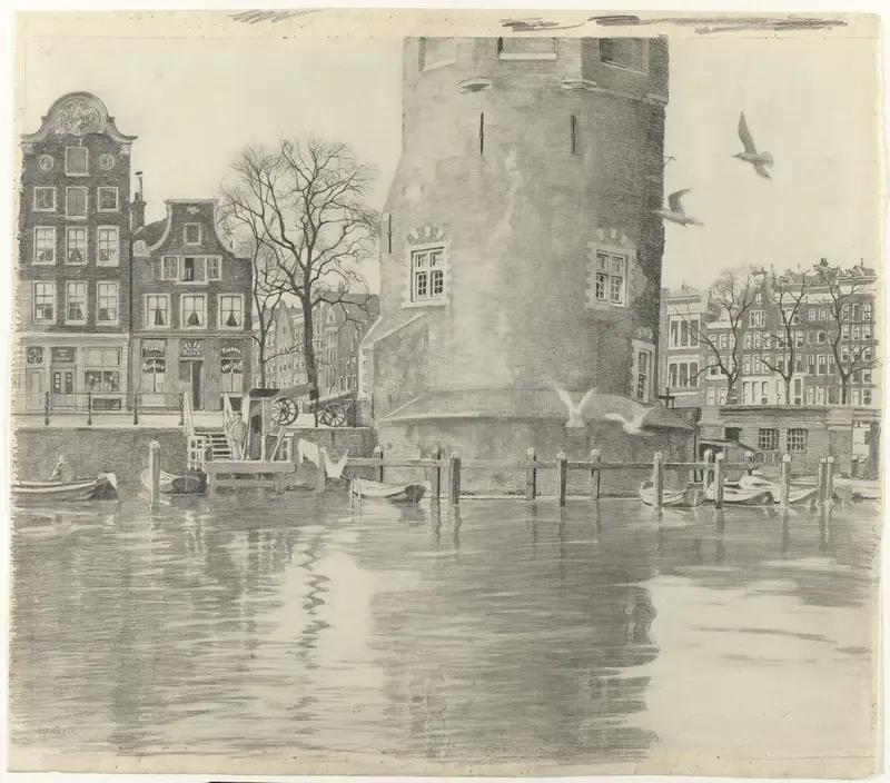 De voet van de Montelbaanstoren vanaf het water van de Oudeschans Wall Art by Willem Witsen - High-Resolution Digital Print
