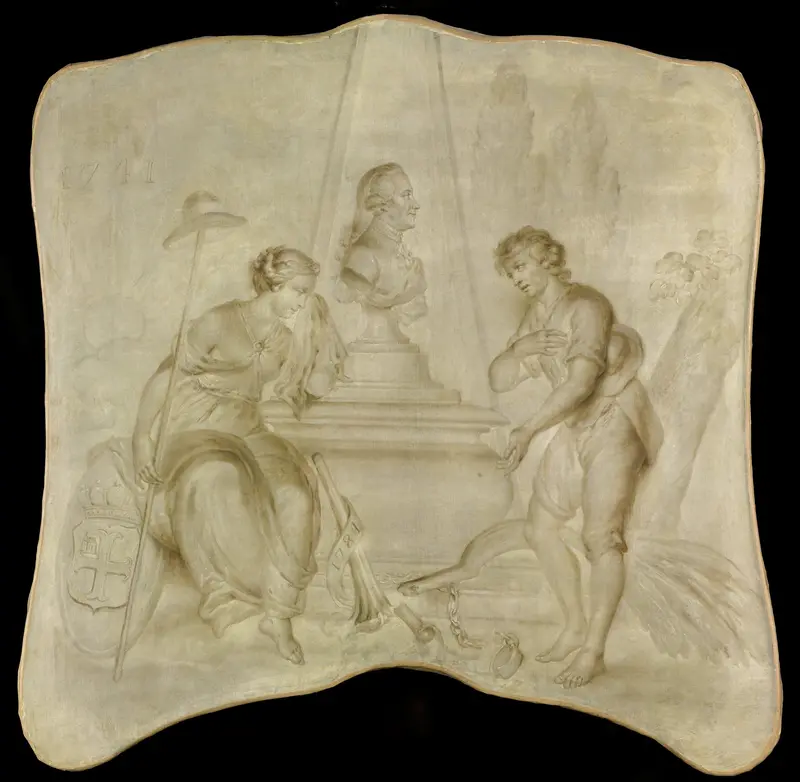 De Vrijheid en een landarbeider rouwen bij de graftombe van Joan-Derk baron van der Capellen tot den Pol Wall Art by anonymous - High-Resolution Digital Print