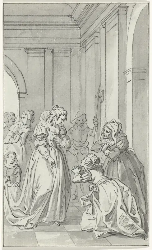 De vrouw en de moeder van Floris de Montmorency, baron de Montigny, smeken Anna van Oostenrijk om voorspraak voor Montigny, die in Spanje gevangen gehouden wordt. Wall Art by Jacobus Buys - High-Resolution Digital Print