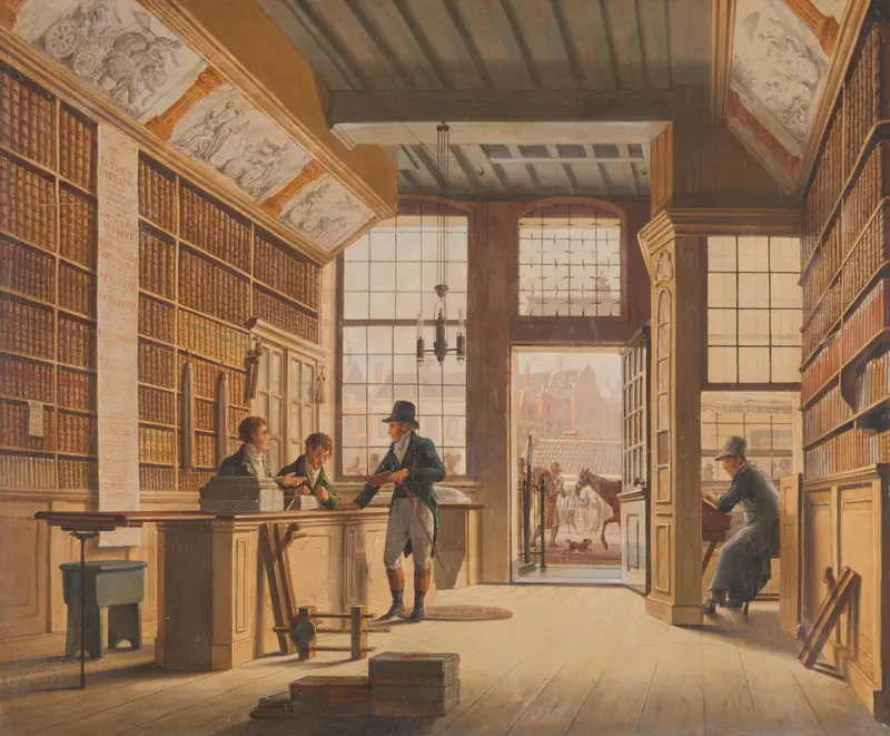 De winkel van boekhandelaar Pieter Meijer Warnars op de Vijgendam in Amsterdam Wall Art by Johannes Jelgerhuis - High-Resolution Digital Print