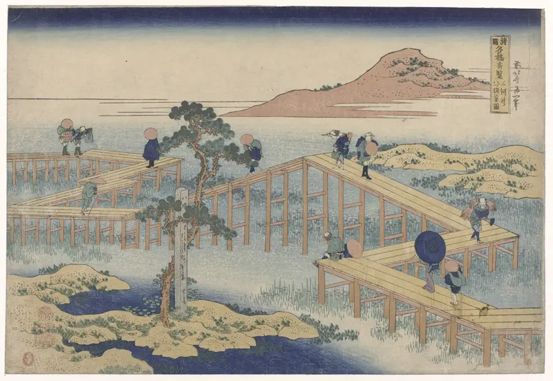 De zigzag brug in de provincie Mikawa Wall Art by Unknown - High-Resolution Digital Print